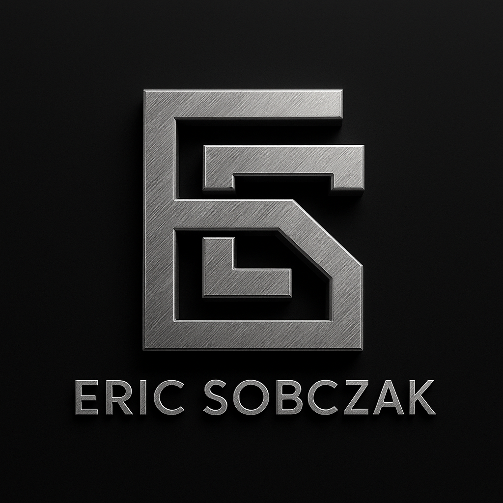 Eric Sobczak monogram logo in brushed silver with integrated E and S.